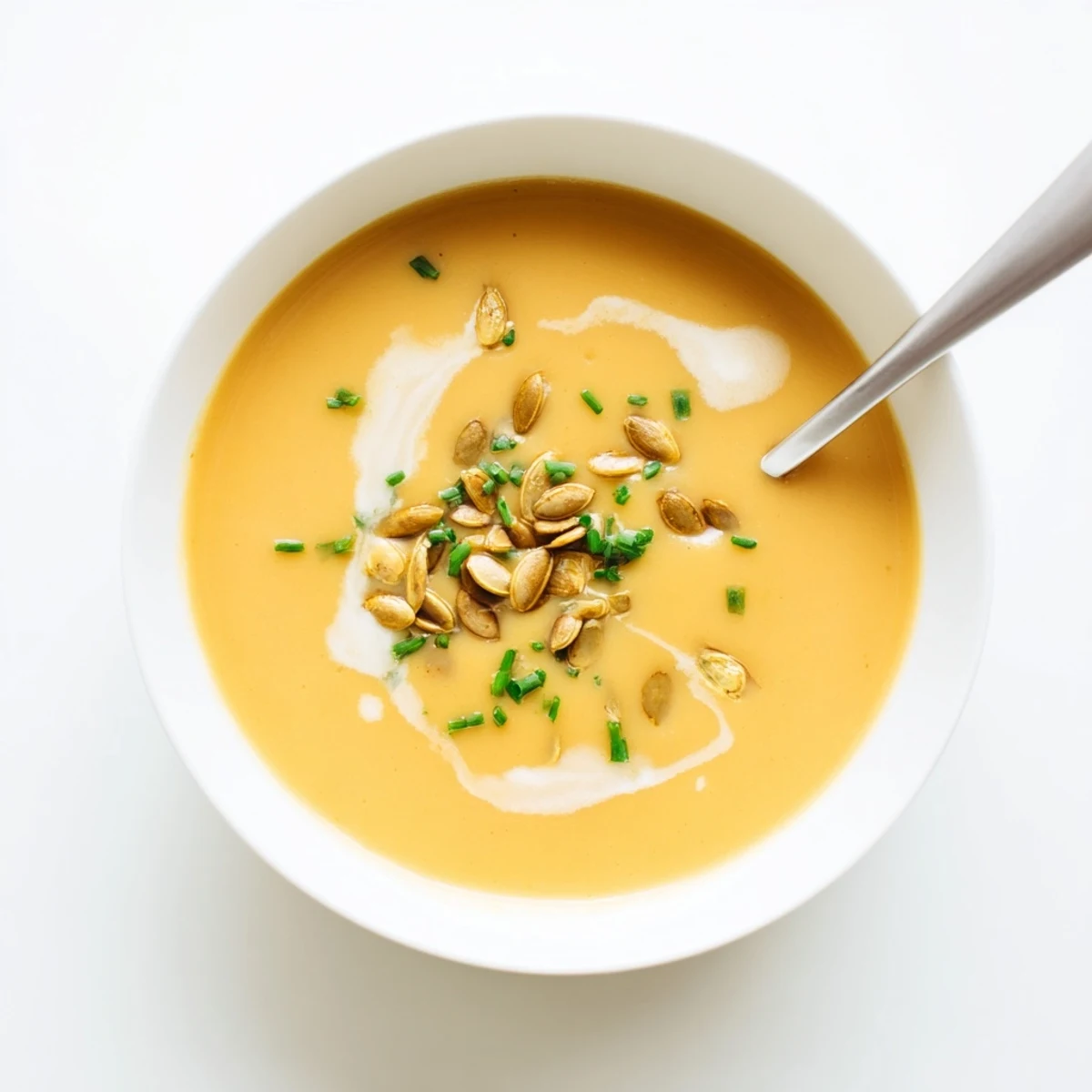 Golden roasted butternut squash soup with coconut milk swirled on top and chive sprinkles