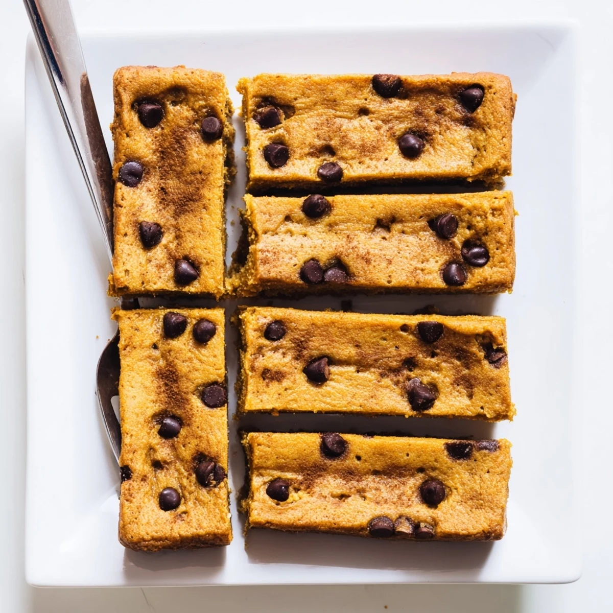 Golden baked flourless peanut butter banana bars dotted with melted dark chocolate chips on a white ceramic plate
