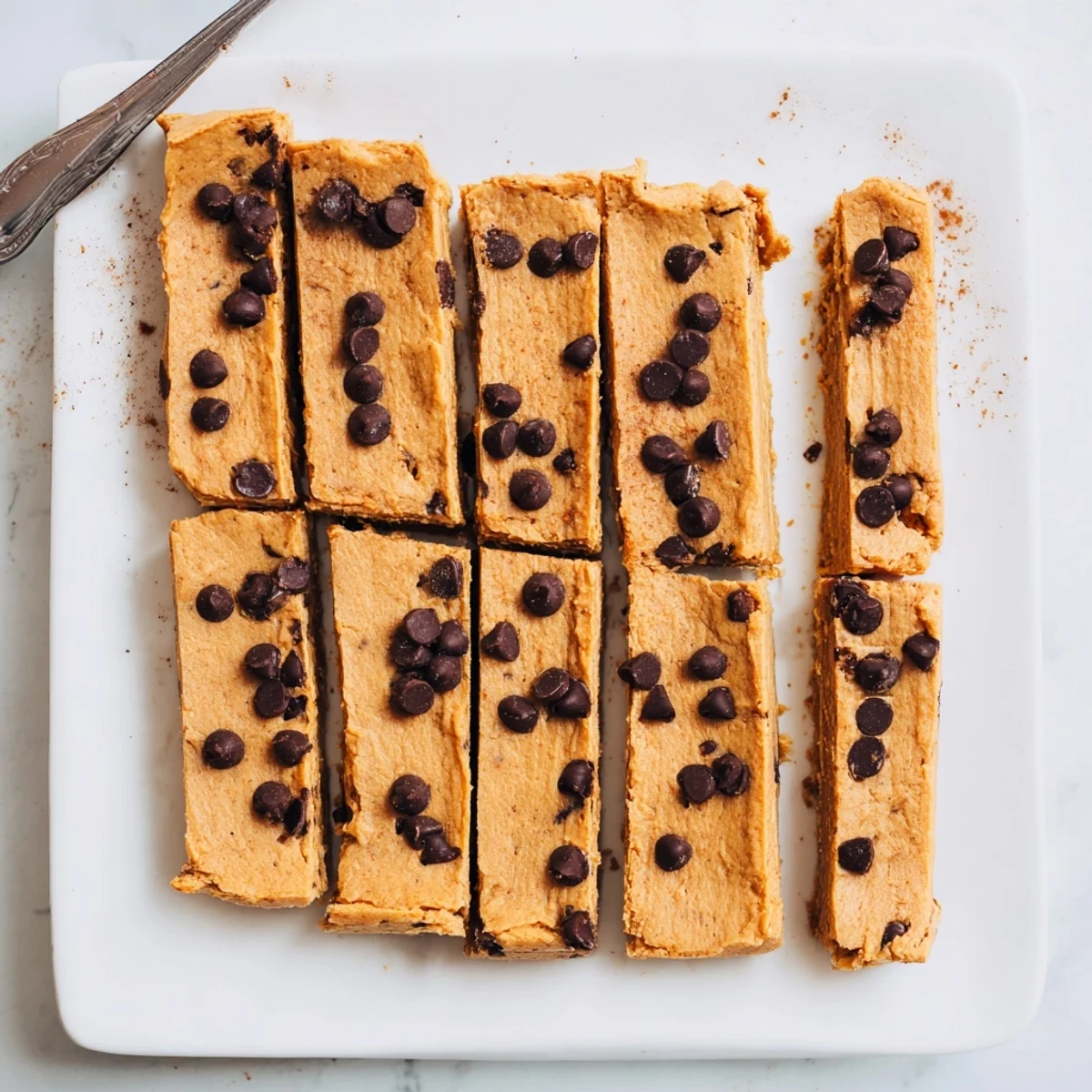 Moist gluten-free peanut butter banana blondie squares sliced fresh with visible banana texture and creamy peanut butter swirls