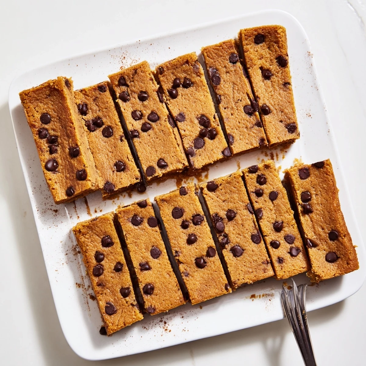 Ripe flourless peanut butter banana breakfast bars cooling on a parchment-lined baking pan with flaky sea salt topping
