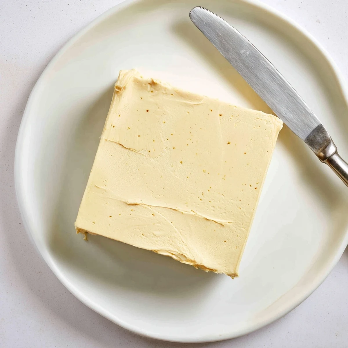 Creamy homemade vegan dairy free butter in glass container with spreading knife