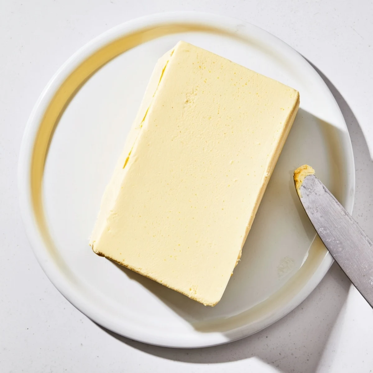 Yellow plant-based vegan dairy free butter melting over warm fluffy pancakes