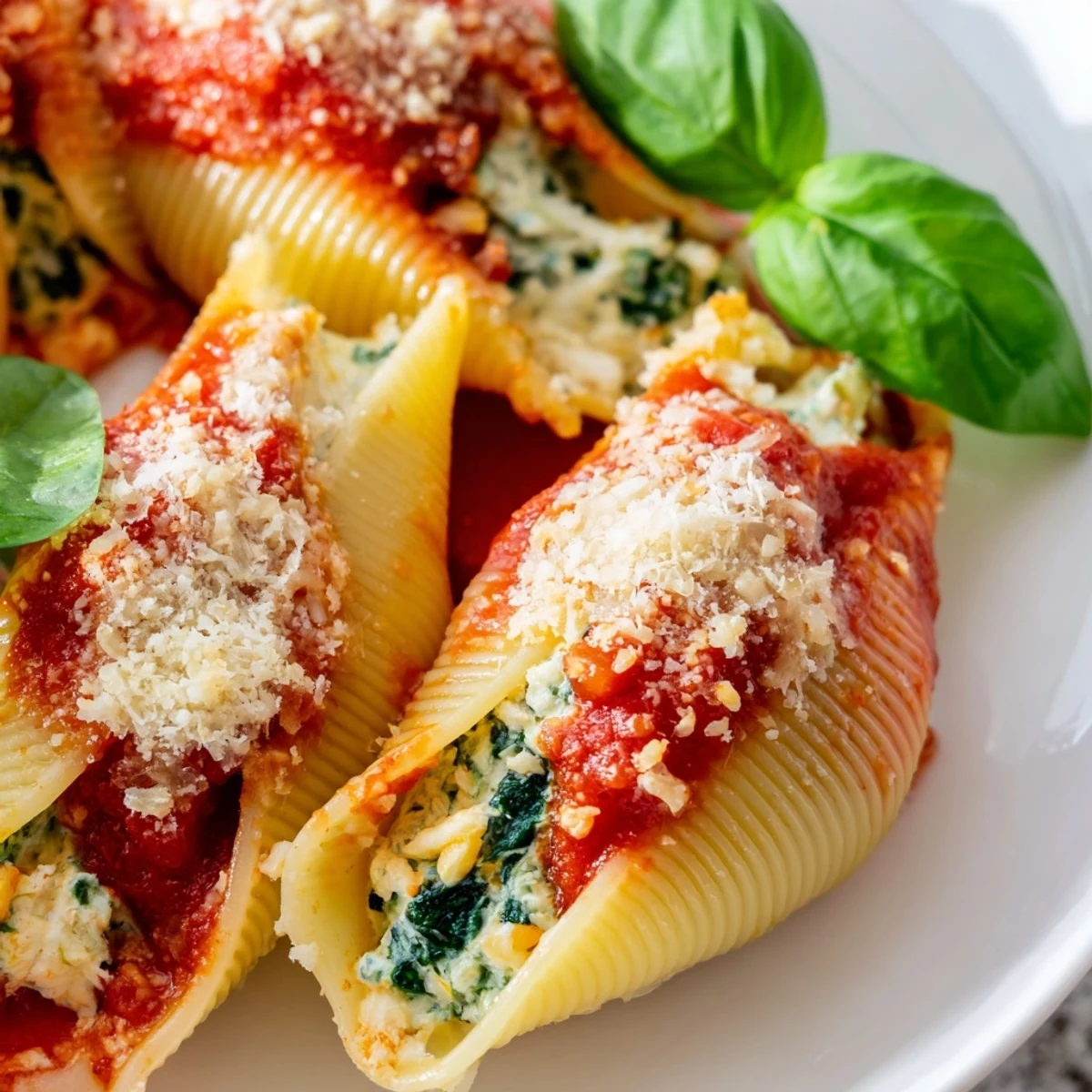 Golden baked Christmas stuffed pasta shells filled with creamy ricotta spinach and tart cranberries in rich tomato sauce