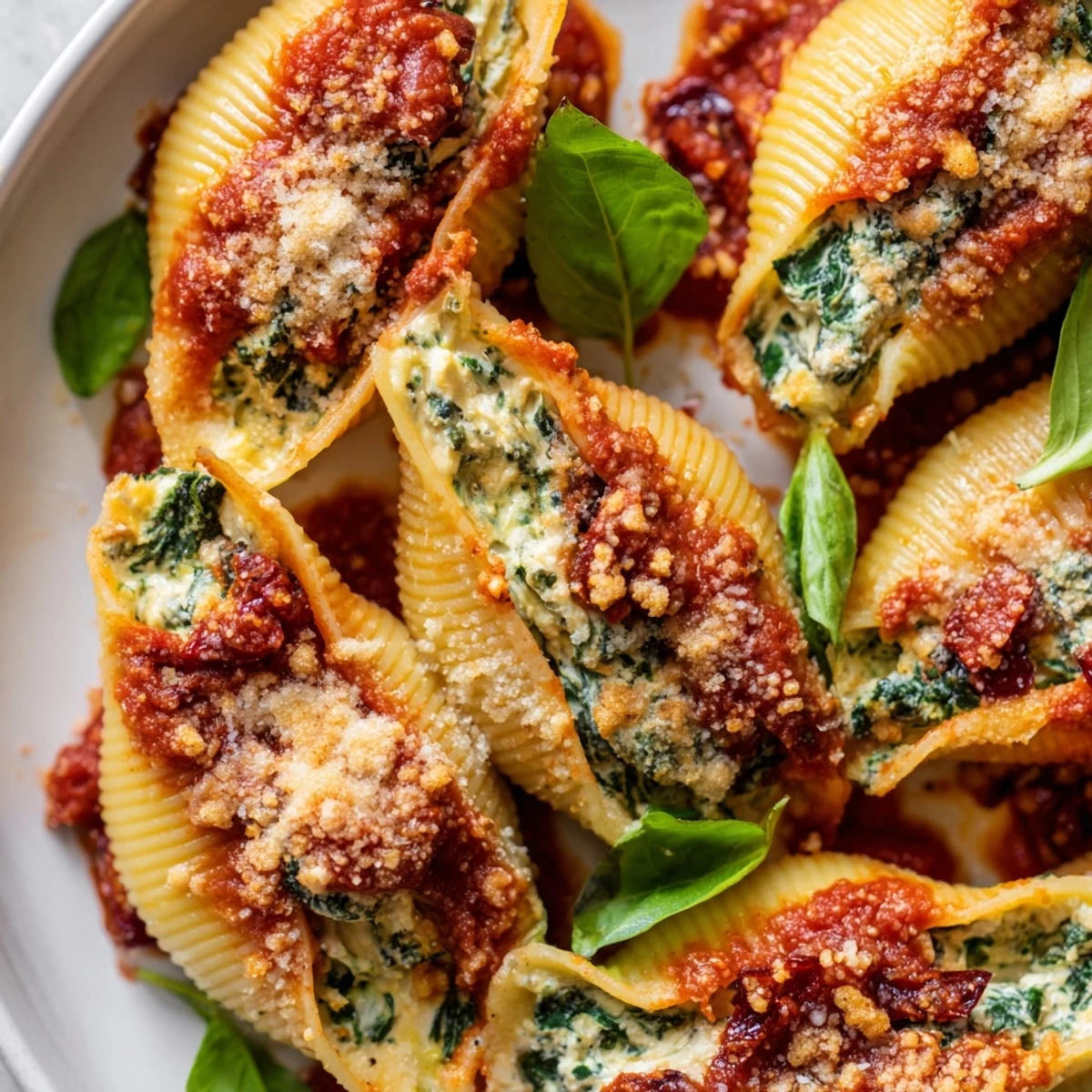 Festive holiday stuffed pasta dish featuring jumbo shells bursting with cheese spinach and sweet dried cranberries
