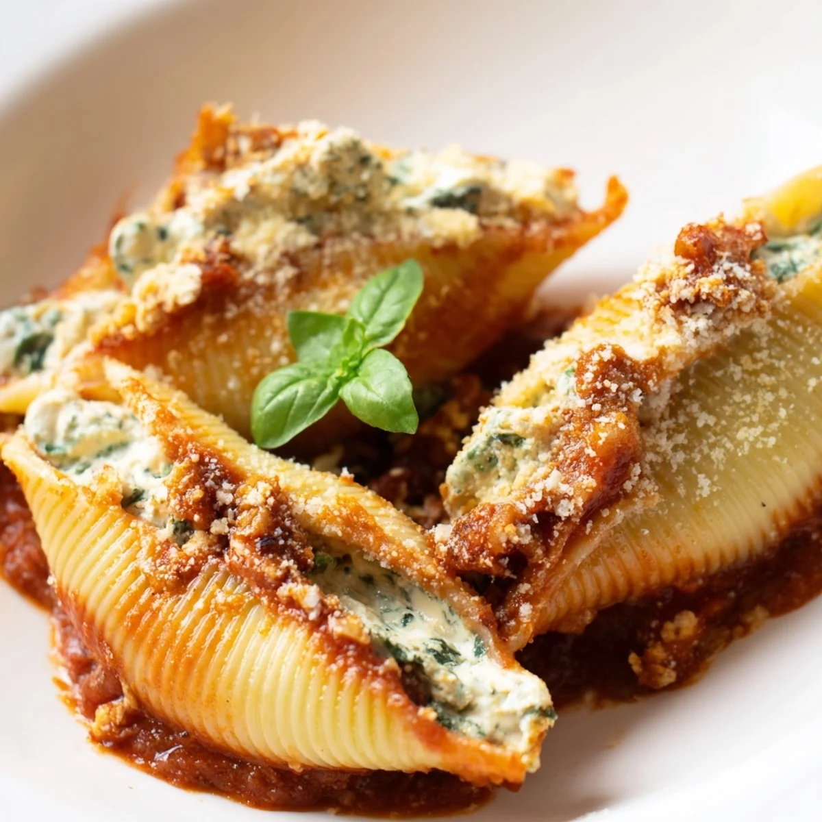 Christmas stuffed pasta casserole with bubbling marinara sauce melted Parmesan and fresh basil garnish on top