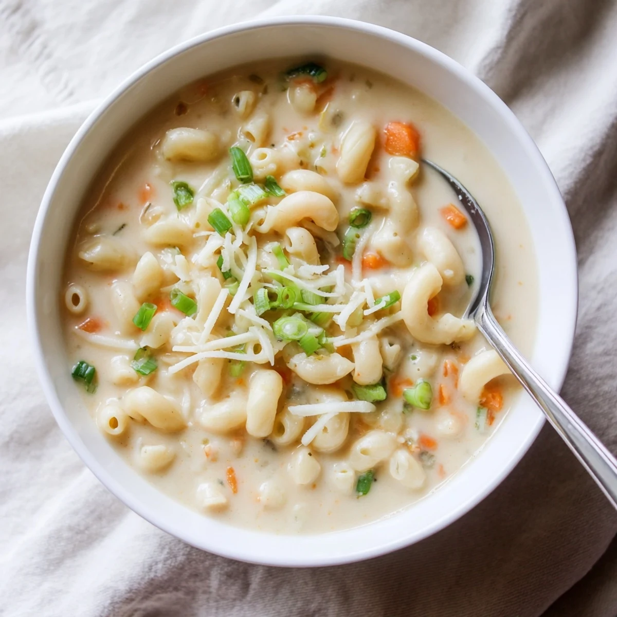 Rich and velvety mac and cheese soup featuring tender macaroni in golden cheese broth