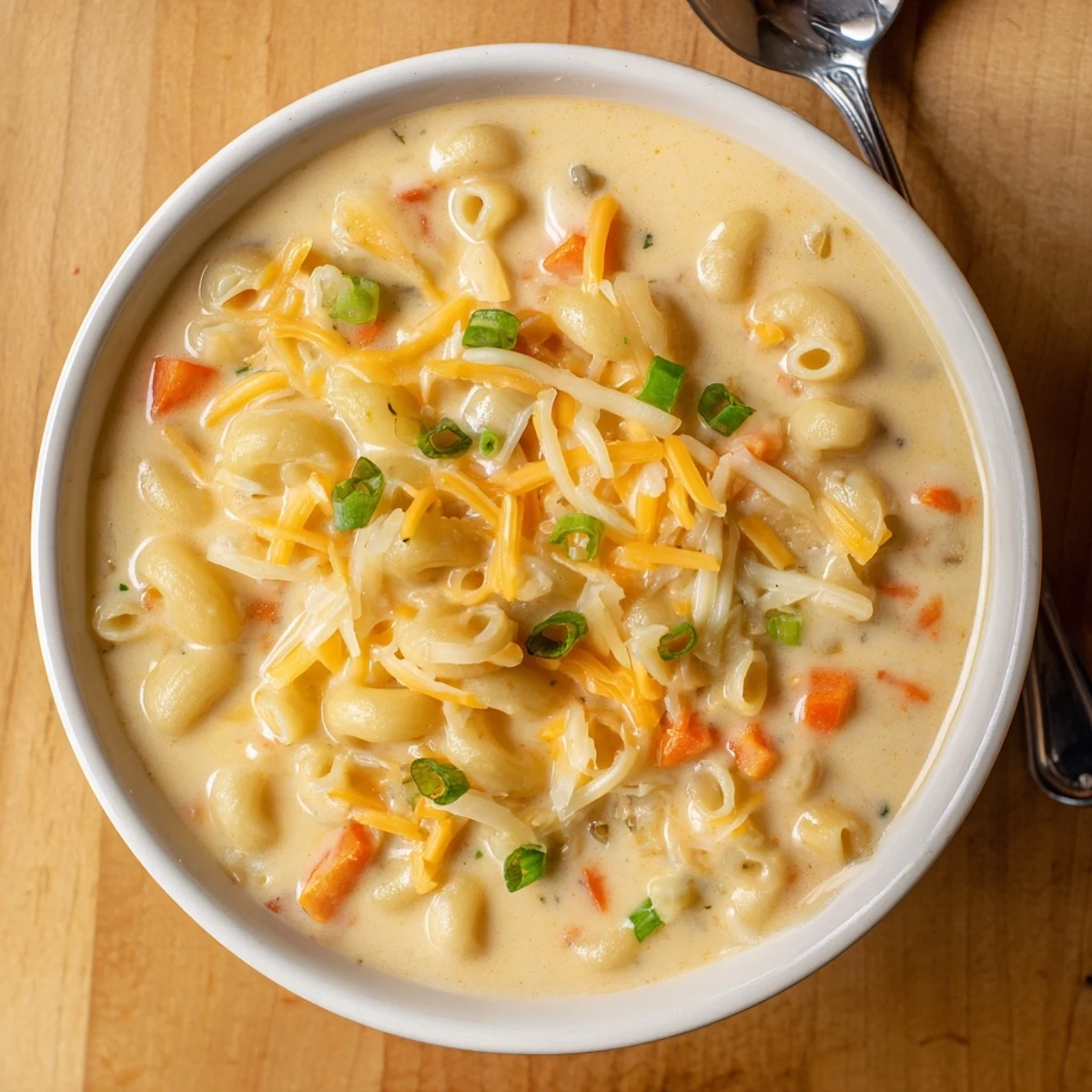 Steaming bowl of homemade mac and cheese soup topped with fresh green onion garnish
