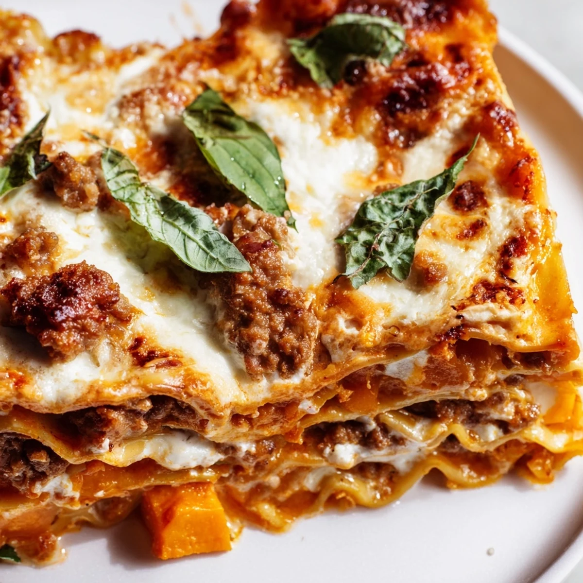 Golden bubbly butternut squash sausage lasagna with layers of tender roasted squash and melted cheese