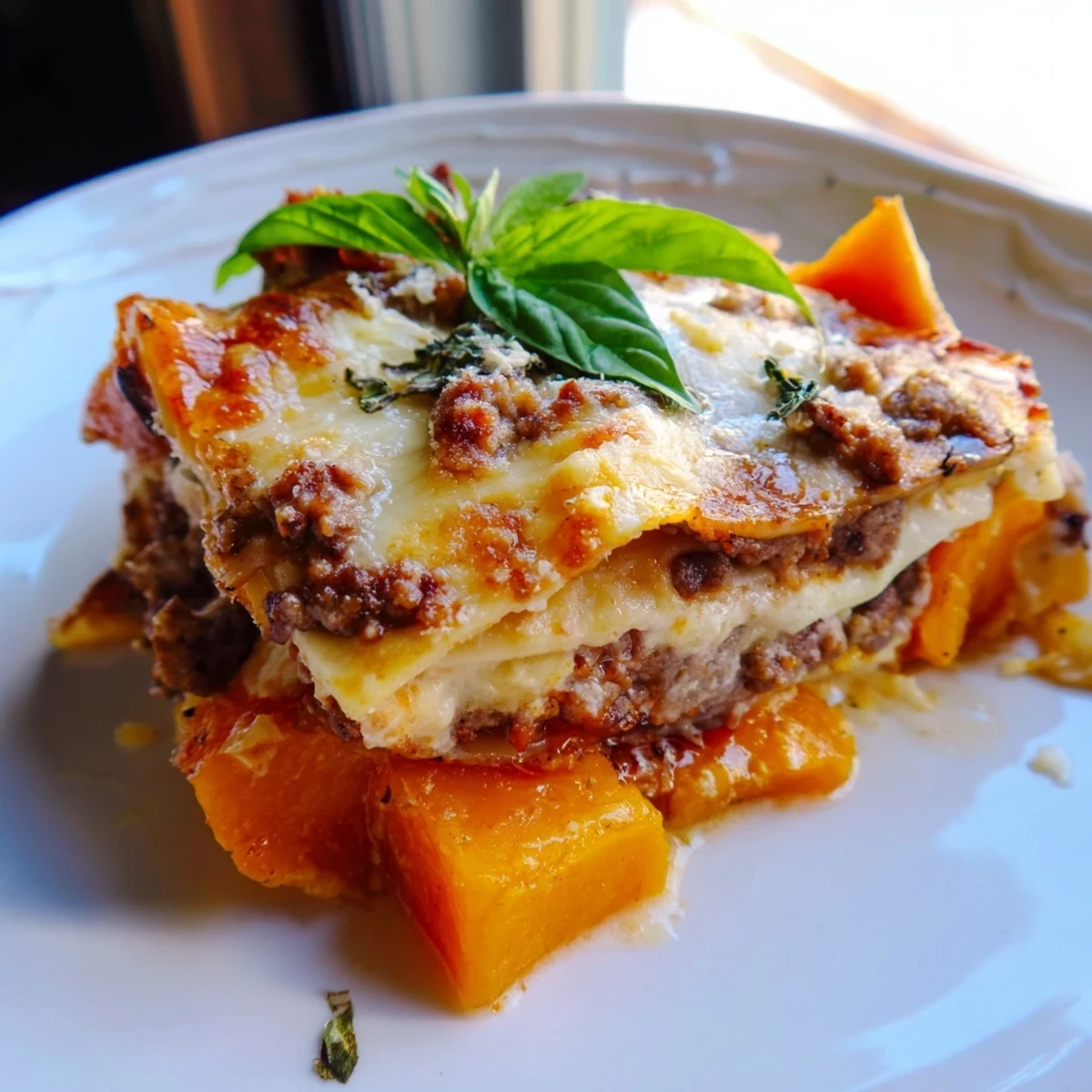 Hearty butternut squash sausage lasagna sliced square showing creamy ricotta and Italian sausage between pasta sheets