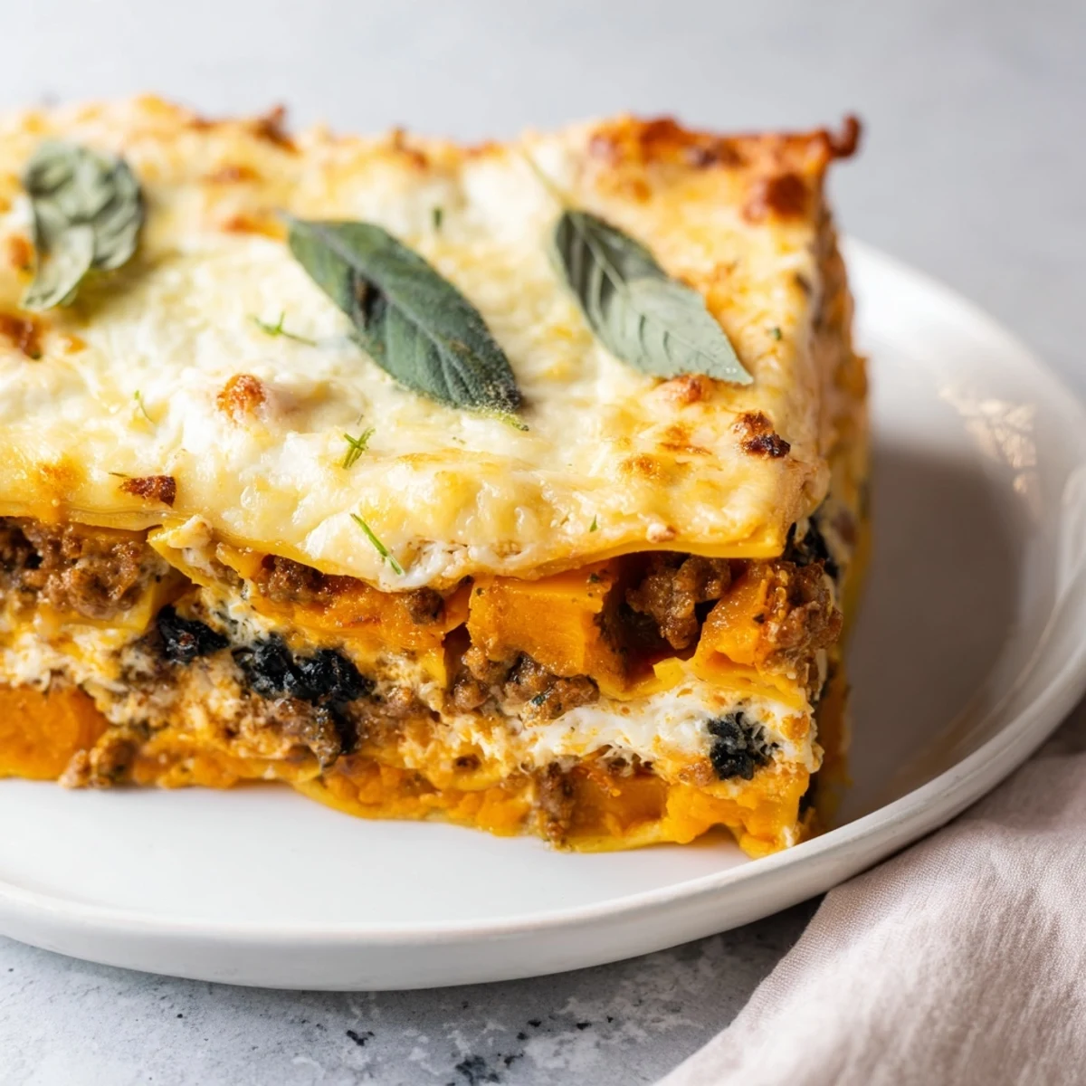 Baked butternut squash sausage lasagna in white dish with golden brown cheese topping and fresh basil garnish