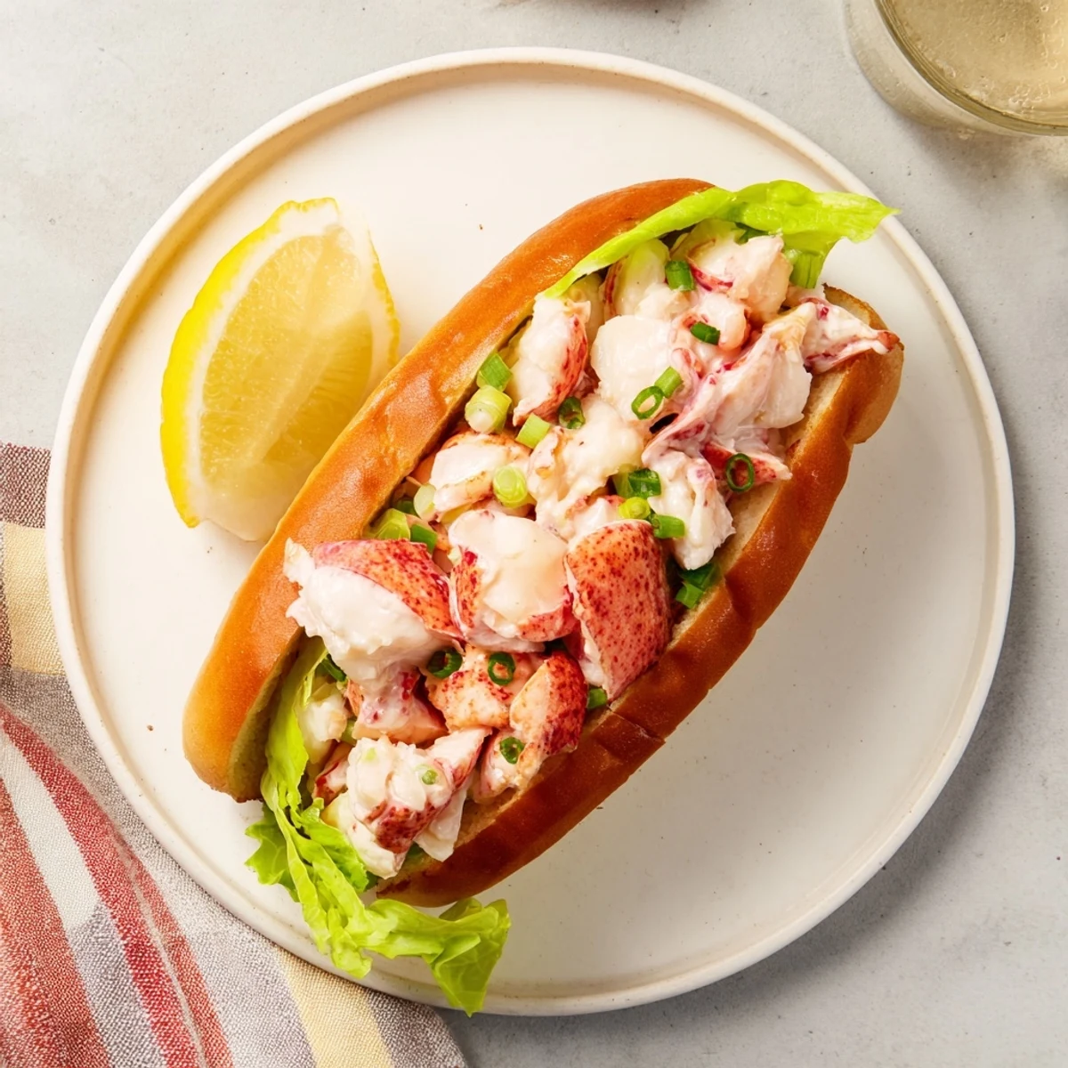 Generous portion of tender lobster chunks served on crisp lettuce inside warm toasted bakery bun