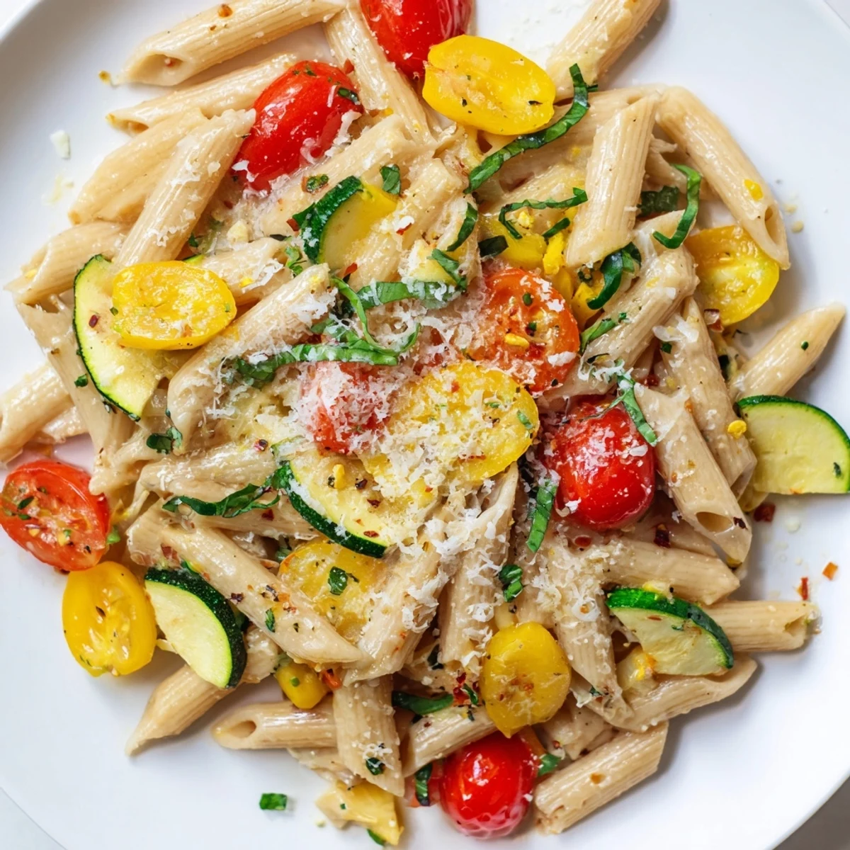 Golden summer squash pasta skillet tossed with cherry tomatoes and fresh basil in a light olive oil sauce