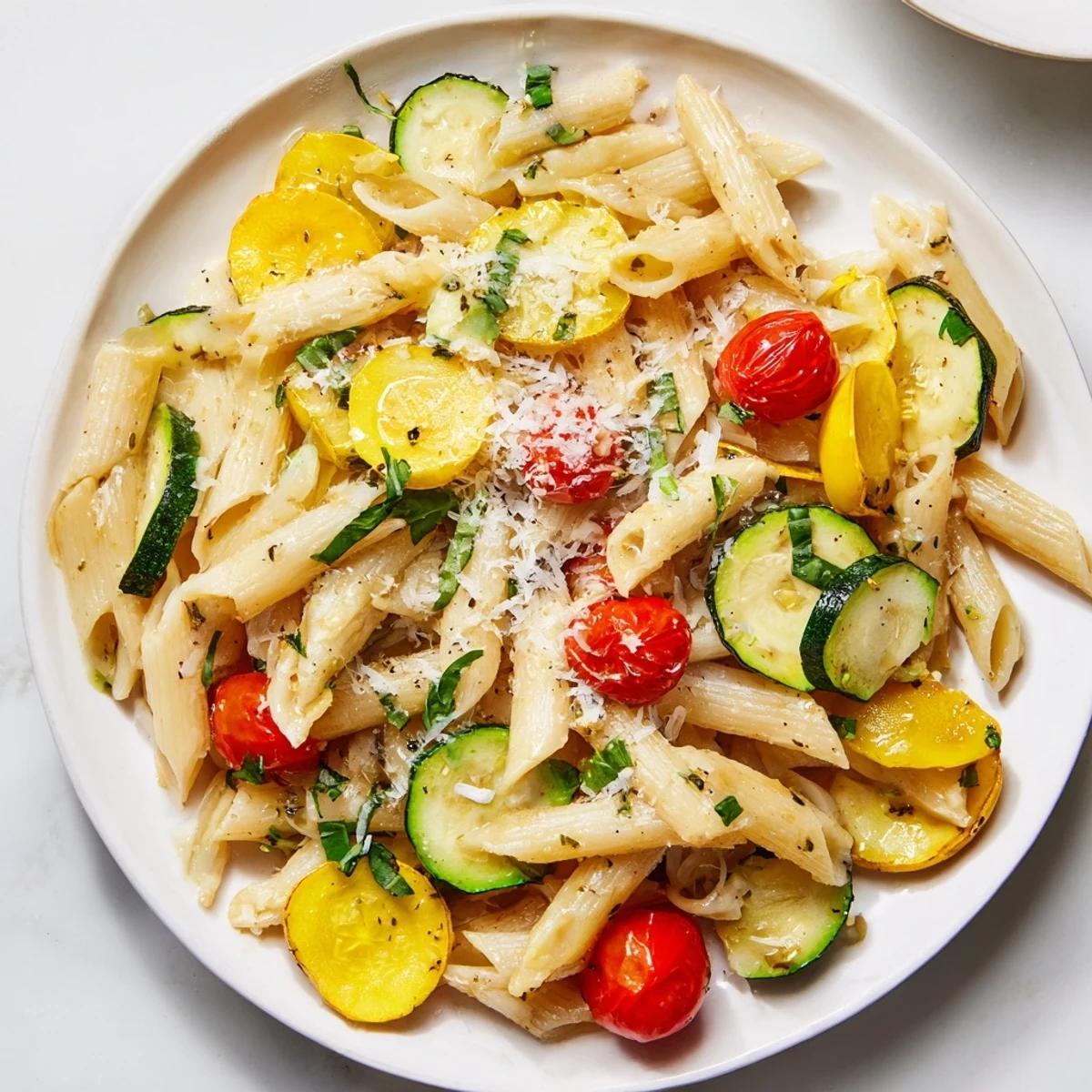 One-pot summer squash pasta featuring tender zucchini, garlic, and parmesan in a vibrant weeknight dinner skillet