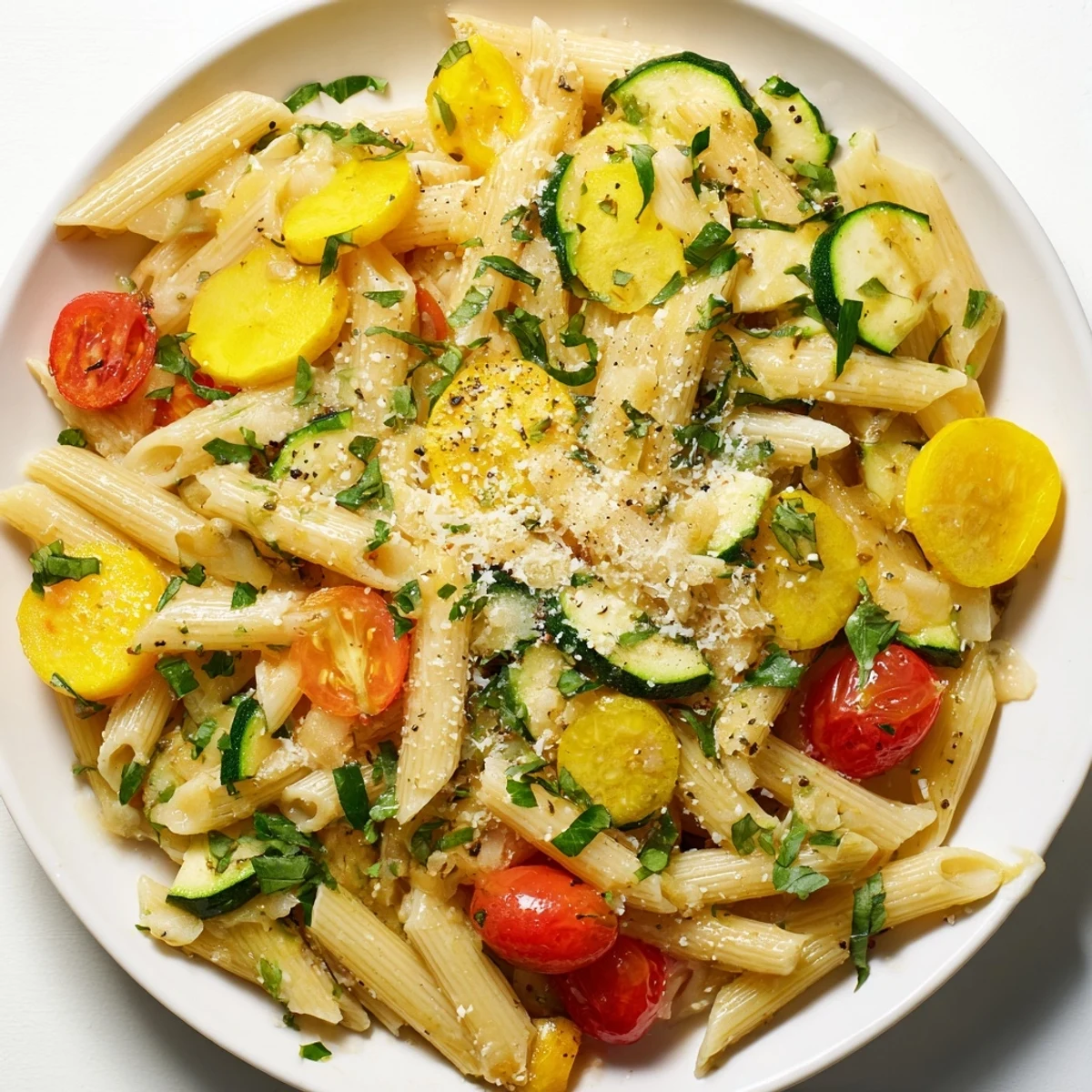 Savory summer squash pasta with colorful cherry tomatoes and herbs served in a cast iron skillet