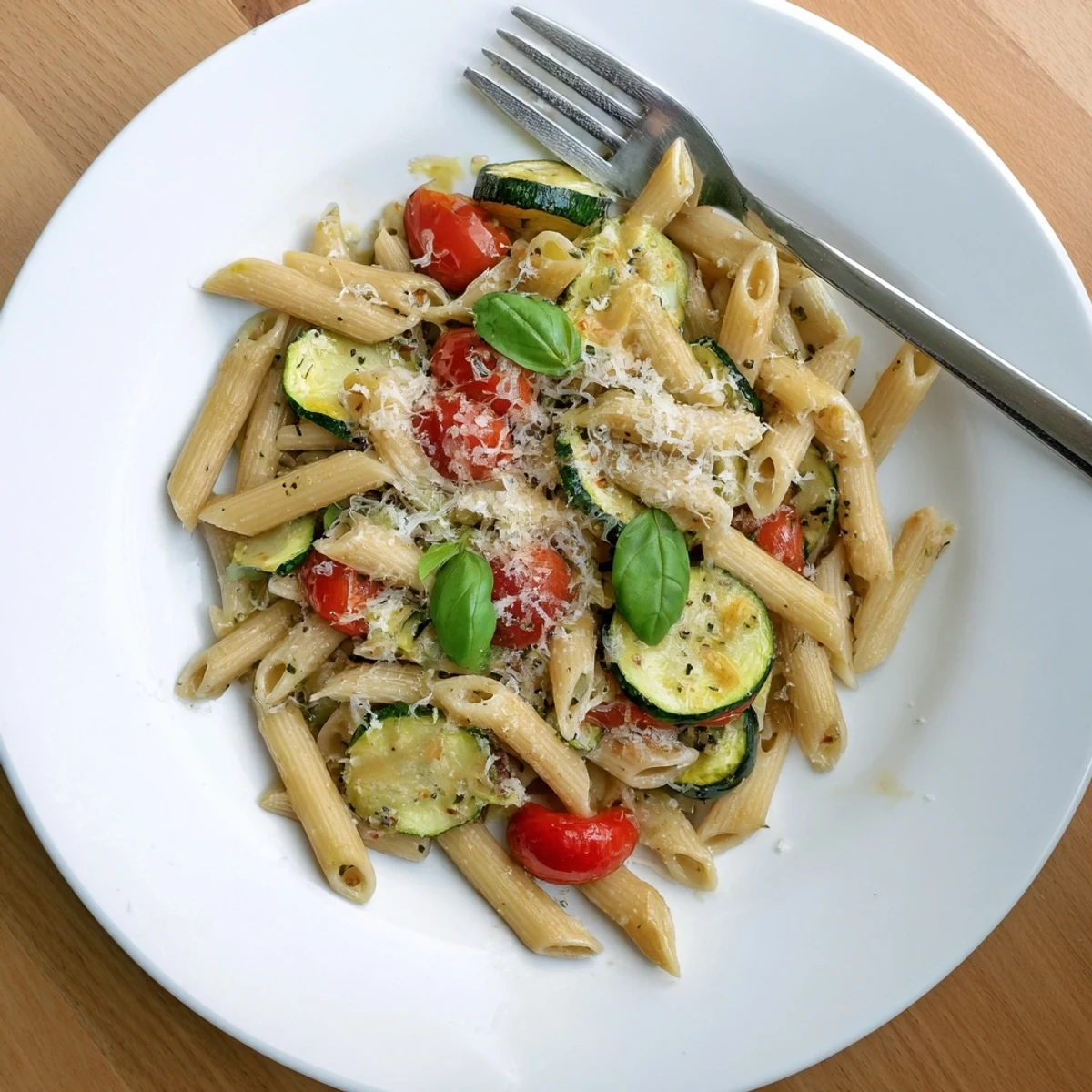 Golden tomato zucchini pasta tossed in olive oil with fresh basil and parmesan