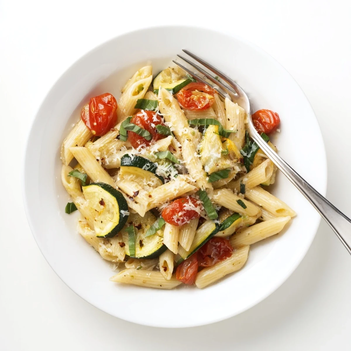 Light tomato zucchini pasta dish with colorful vegetables and grated parmesan topping