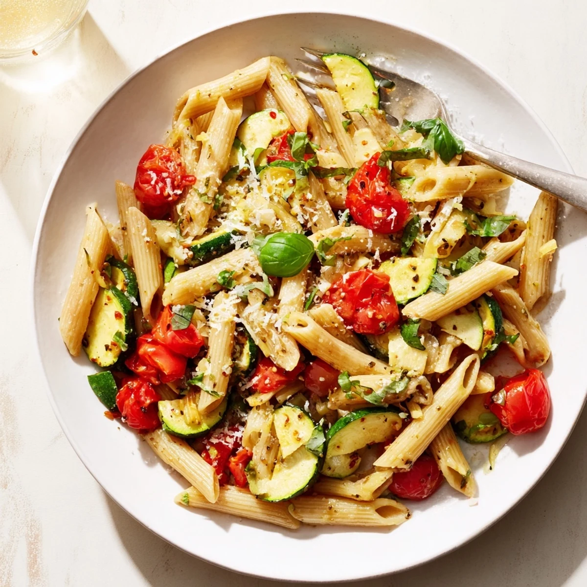 Steaming bowl of tomato zucchini pasta garnished with fresh basil and parmesan cheese
