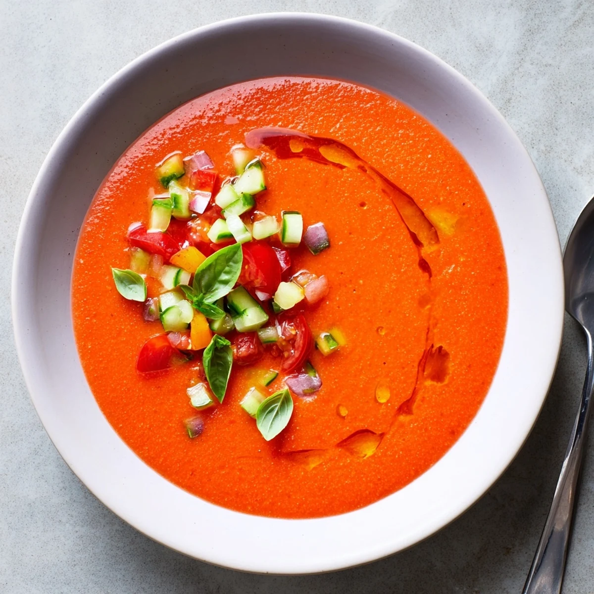 Chilled gazpacho recipe served in white bowls with colorful diced vegetable garnish and fresh herbs