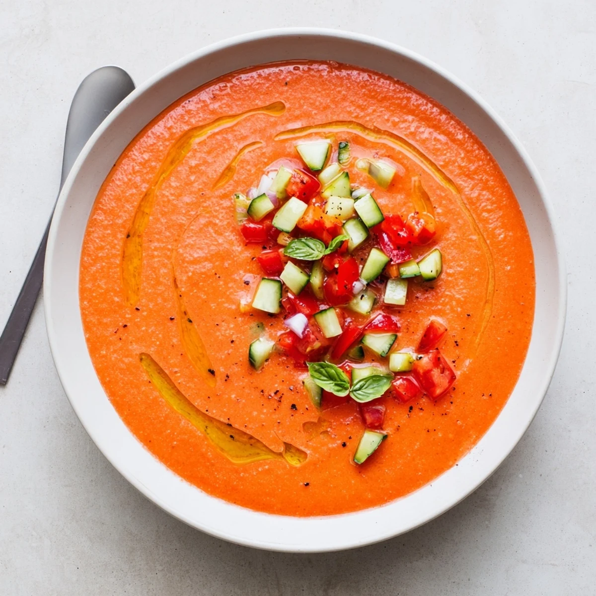 Garden-fresh gazpacho soup featuring vibrant red tomato base topped with cucumber, pepper medley, and olive oil drizzle