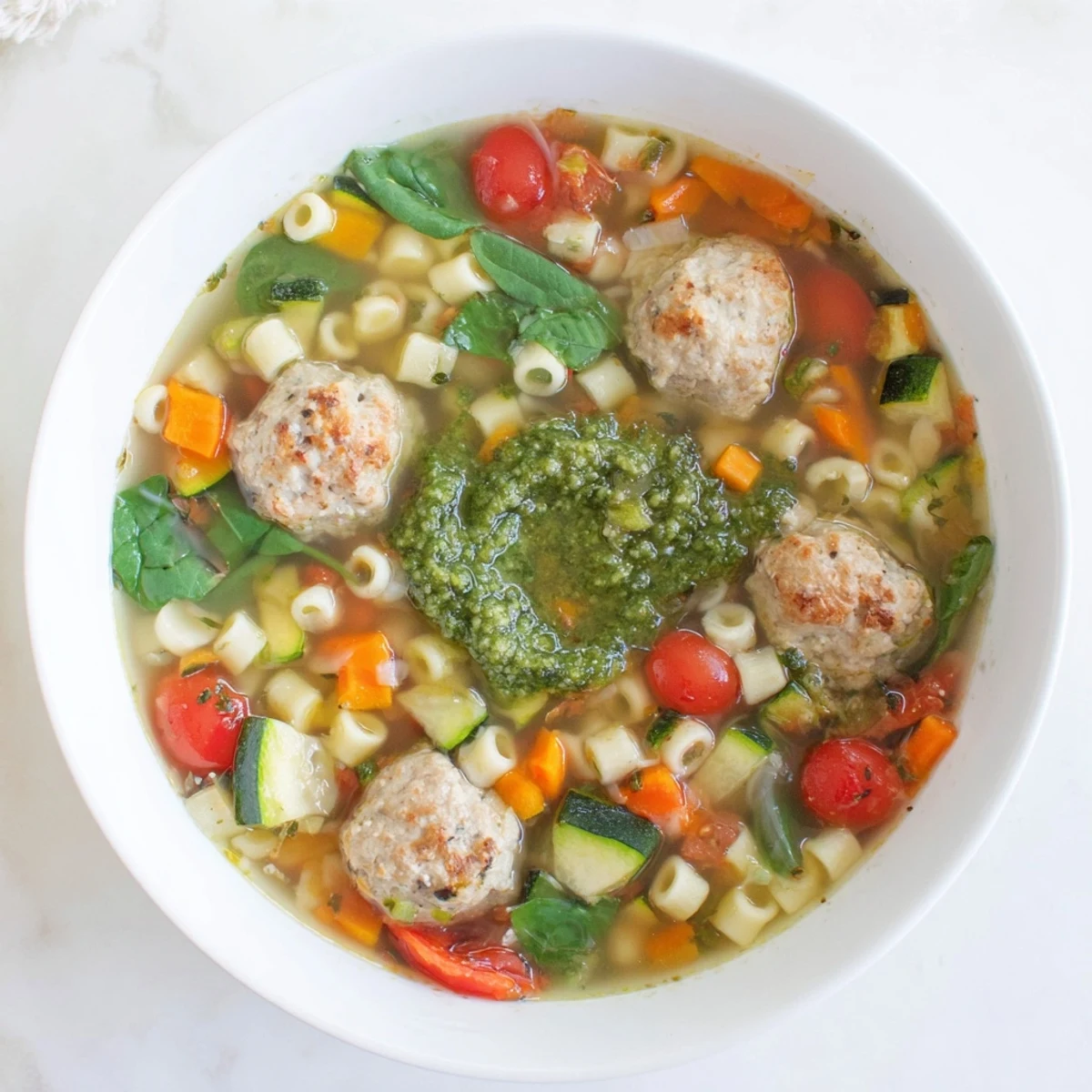 Golden mini meatballs float in bright vegetable broth with fresh basil pesto swirled on top