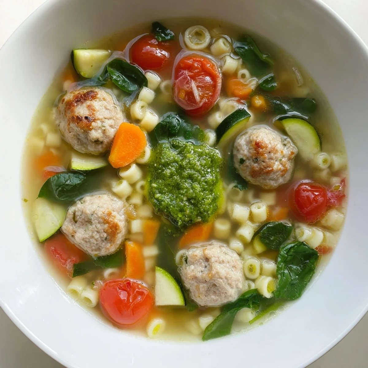 Hearty Italian soup with tender chicken meatbeans zucchini cherry tomatoes and vibrant green pesto garnish