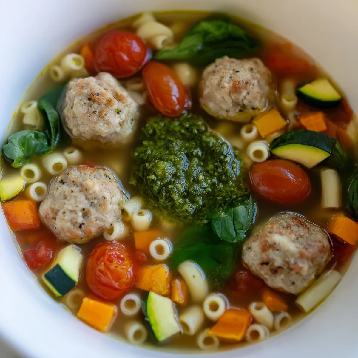 Bowl of summer pesto meatball soup featuring zucchini tomatoes spinach and small pasta shapes