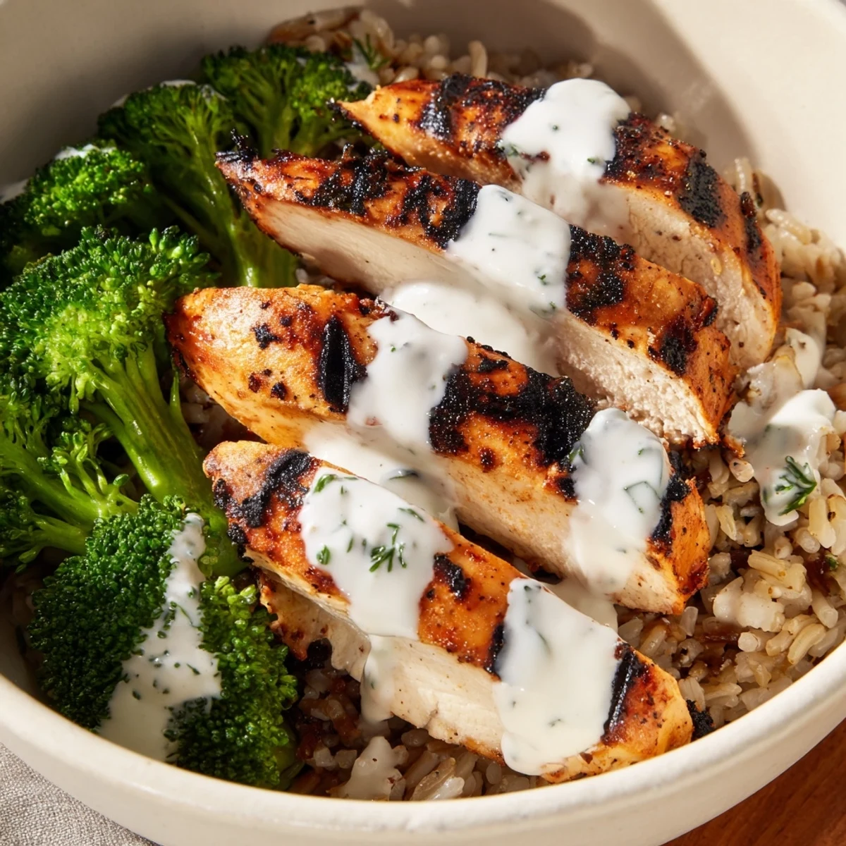 Tender sliced grilled chicken and crisp broccoli topped with luscious garlic yogurt sauce