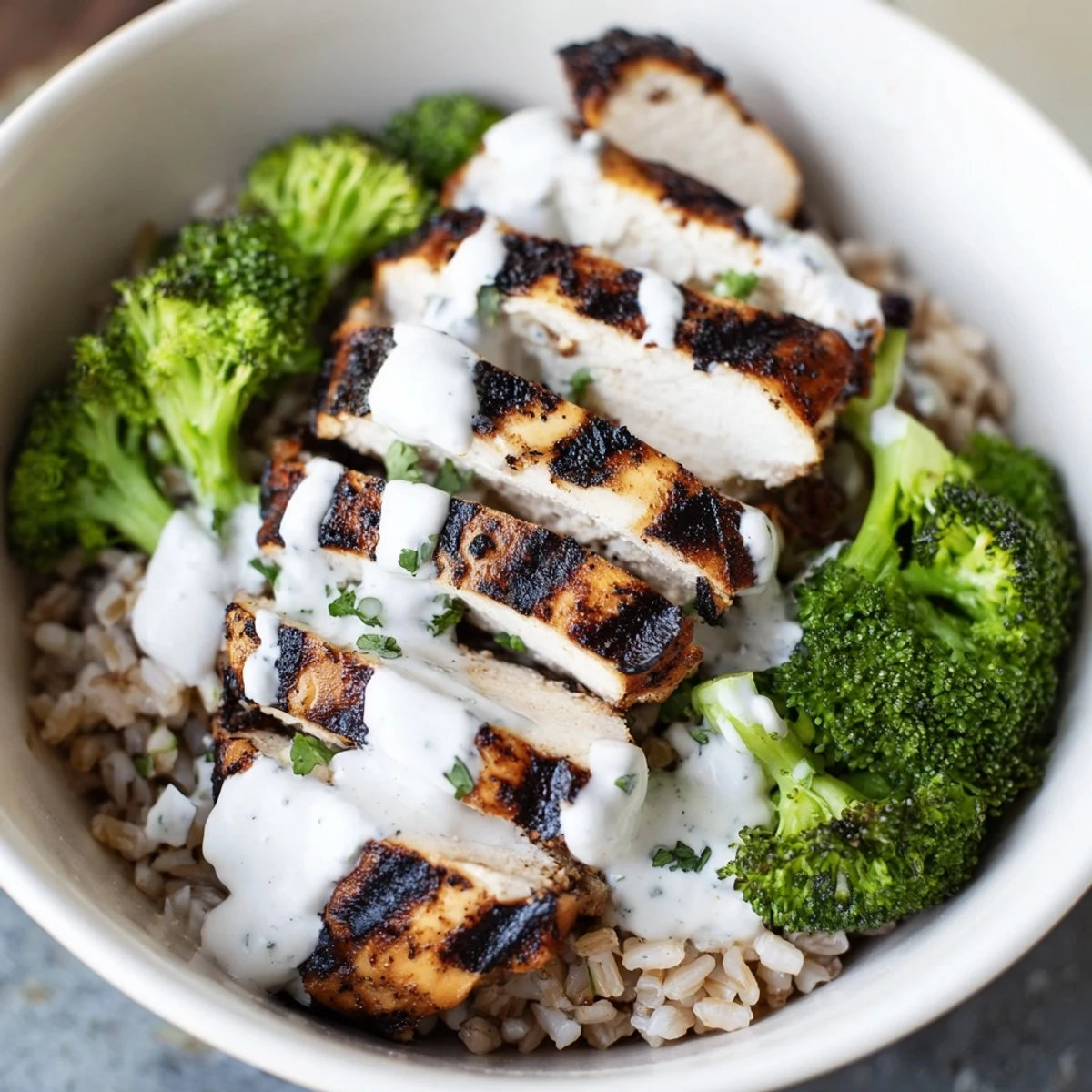 Healthy grilled chicken broccoli bowls drizzled with rich creamy garlic sauce over rice