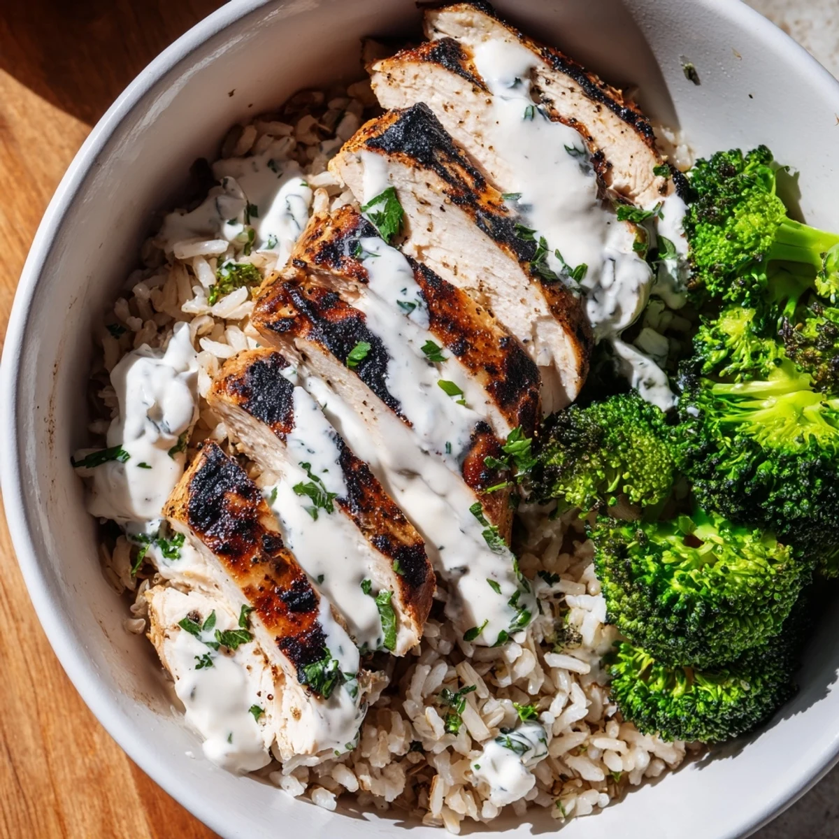 Protein-packed grilled chicken broccoli bowl featuring fresh herbs and tangy creamy garlic dressing