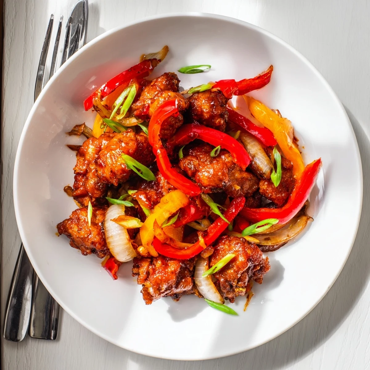 Juicy fried chicken pieces coated in cornstarch served with sautéed vegetables and pepper glaze