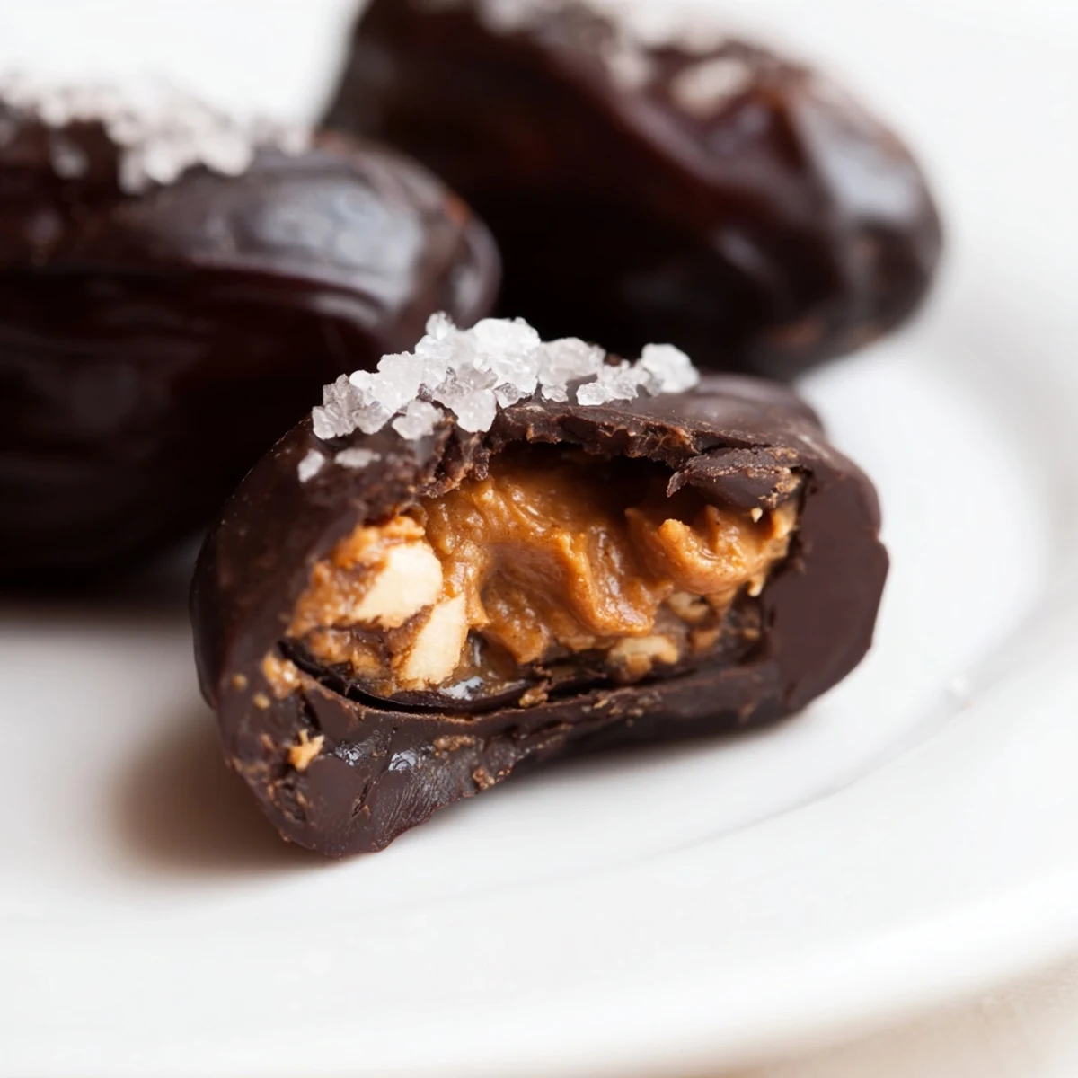 Vegan Date Snickers drizzled with melted dark chocolate and topped with sea salt