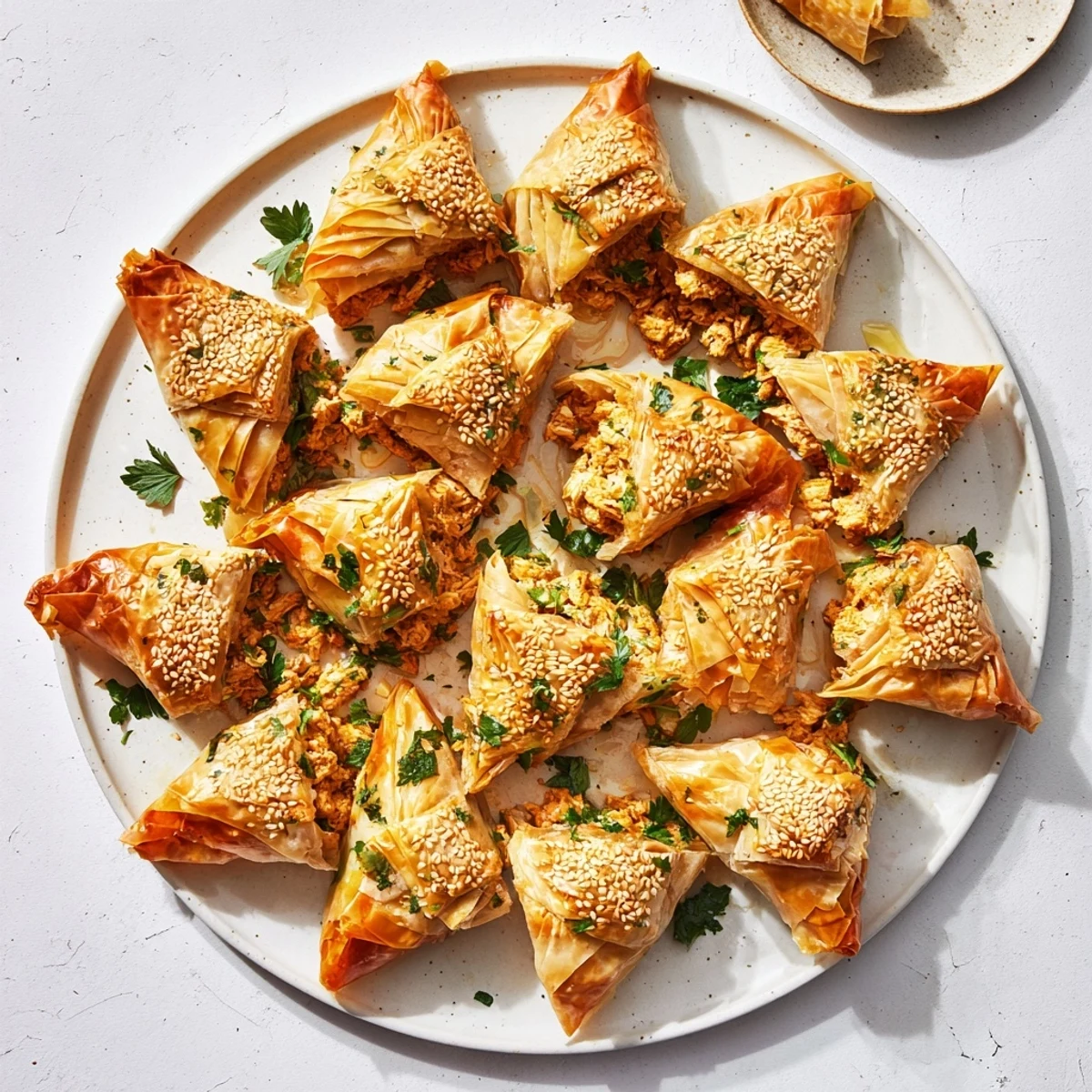 Golden Moroccan spiced chicken briouats with crispy phyllo pastry and aromatic herbs