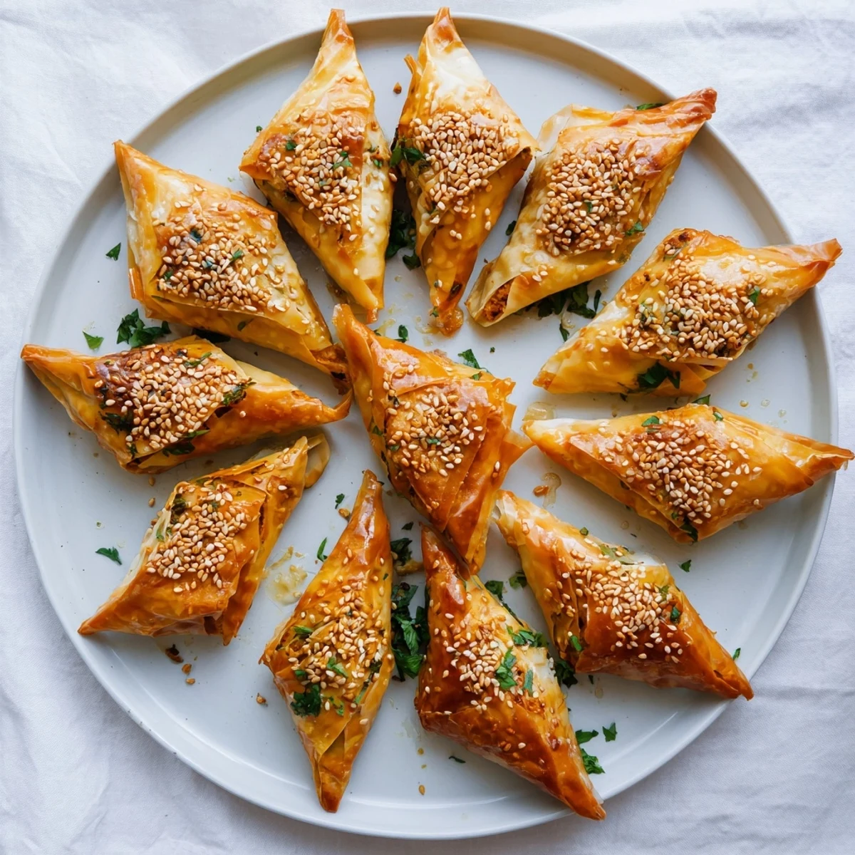 Crispy triangular briouats filled with seasoned chicken and sprinkled with sesame seeds