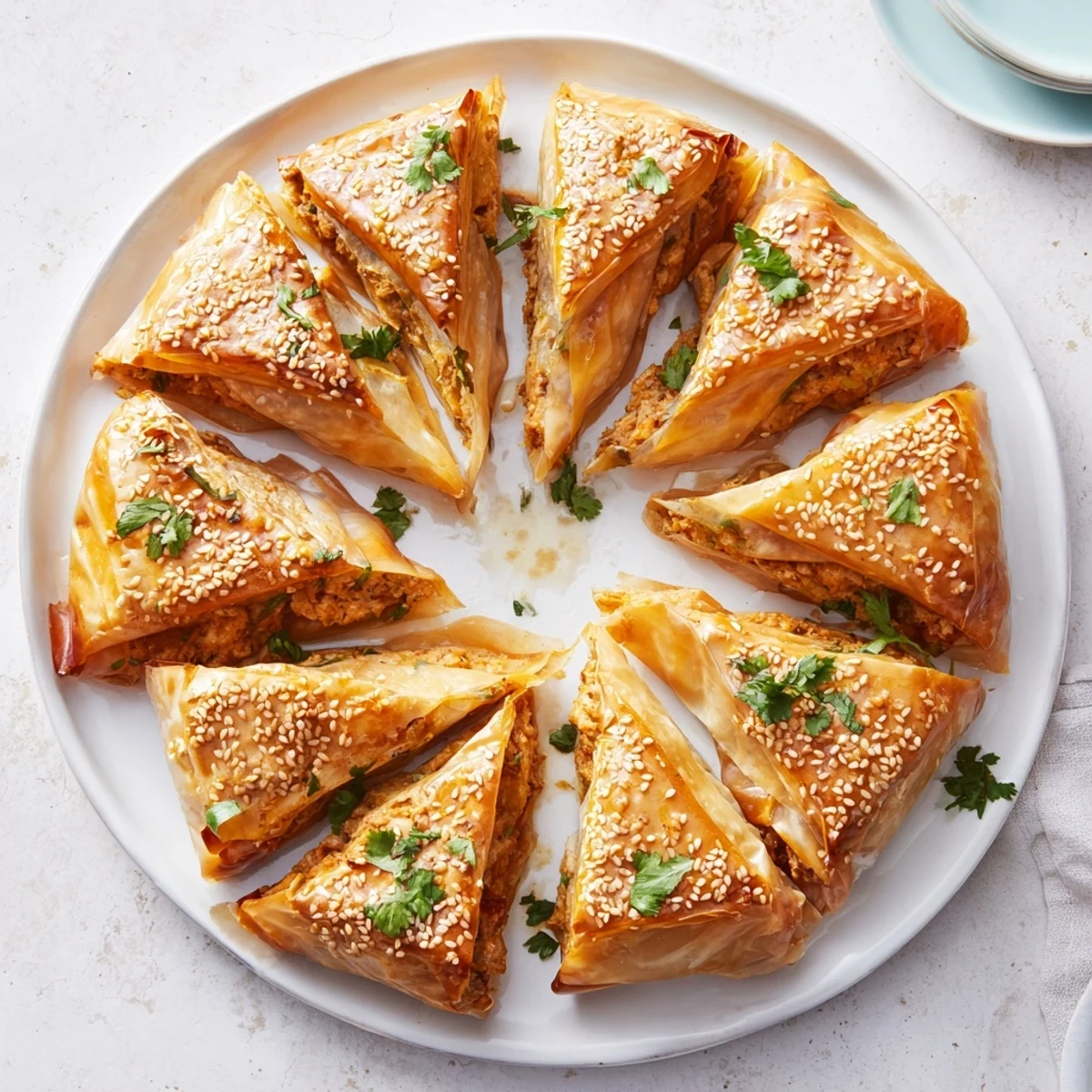 Baked chicken briouats featuring flaky layers and warm Moroccan spice blend