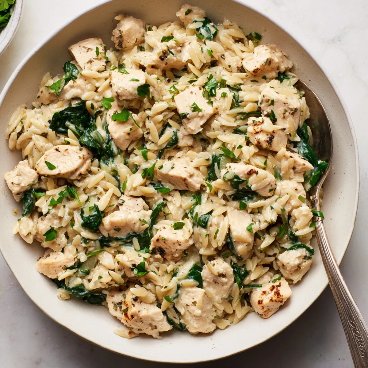 Creamy one pan Boursin chicken orzo with tender spinach in a rich sauce