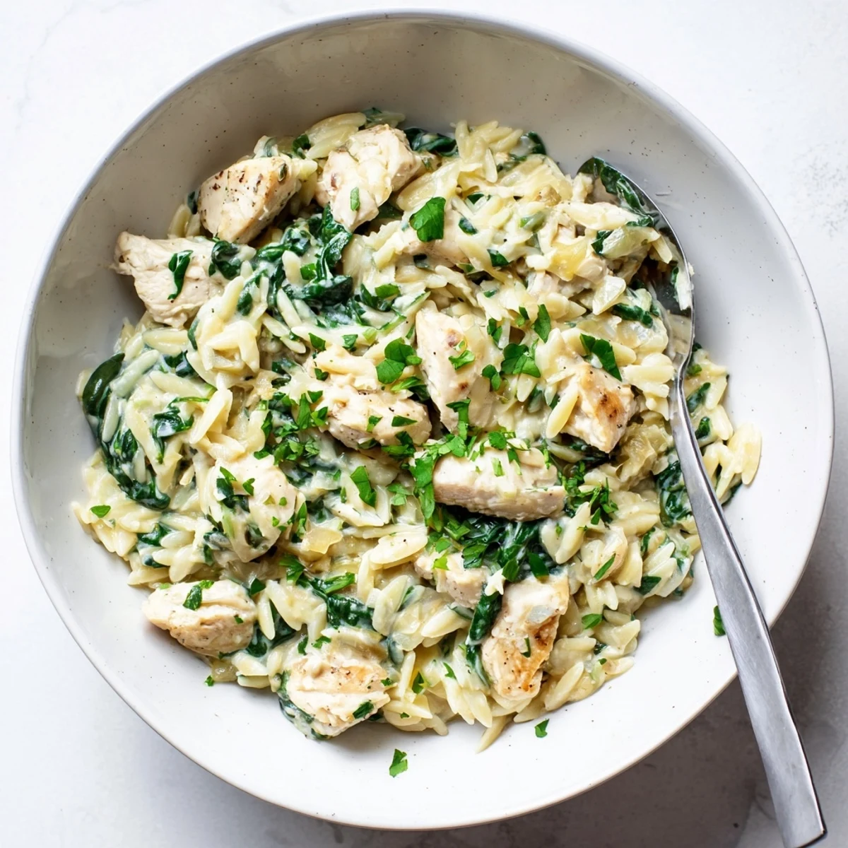 Golden chicken pieces nestled with orzo pasta in a creamy white Boursin cheese sauce