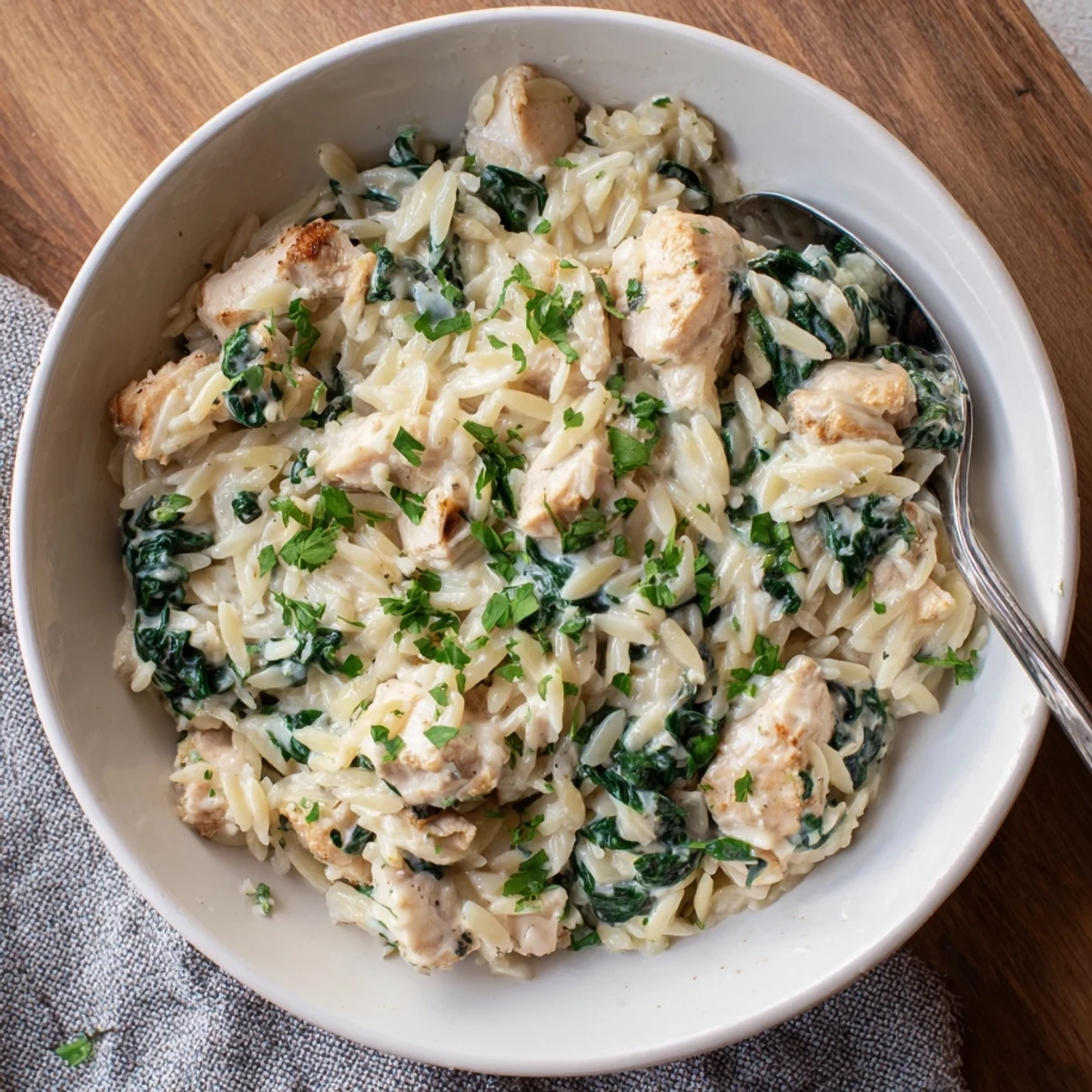 Savory chicken and orzo simmered with fresh spinach in a single skillet comfort meal