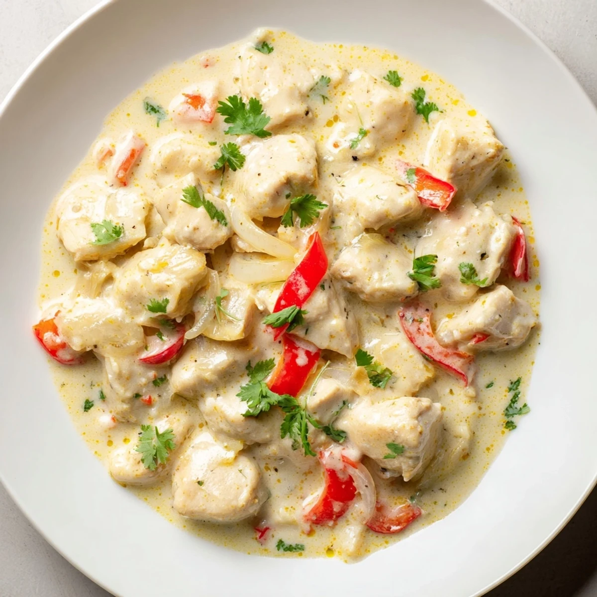 Golden Brazilian coconut chicken pieces simmered in creamy white sauce with red bell pepper strips and fresh green cilantro garnish