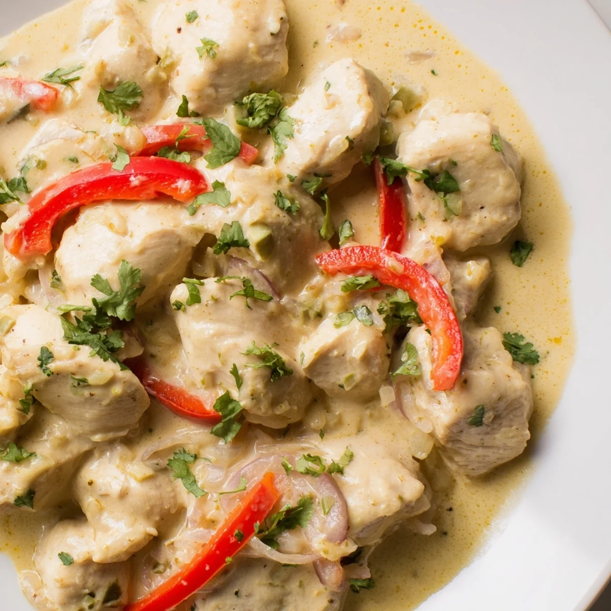 Creamy Brazilian coconut chicken served over white rice with vibrant red pepper slices and lime wedge on the side