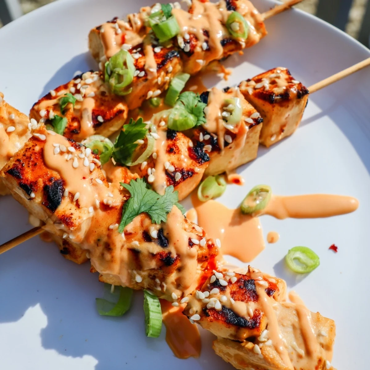 Golden grilled Bang Bang chicken skewers drizzled with creamy spicy sauce and sesame seeds