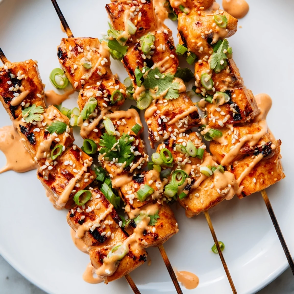 Charred Bang Bang chicken skewers coated in sweet chili mayonnaise sauce ready to serve