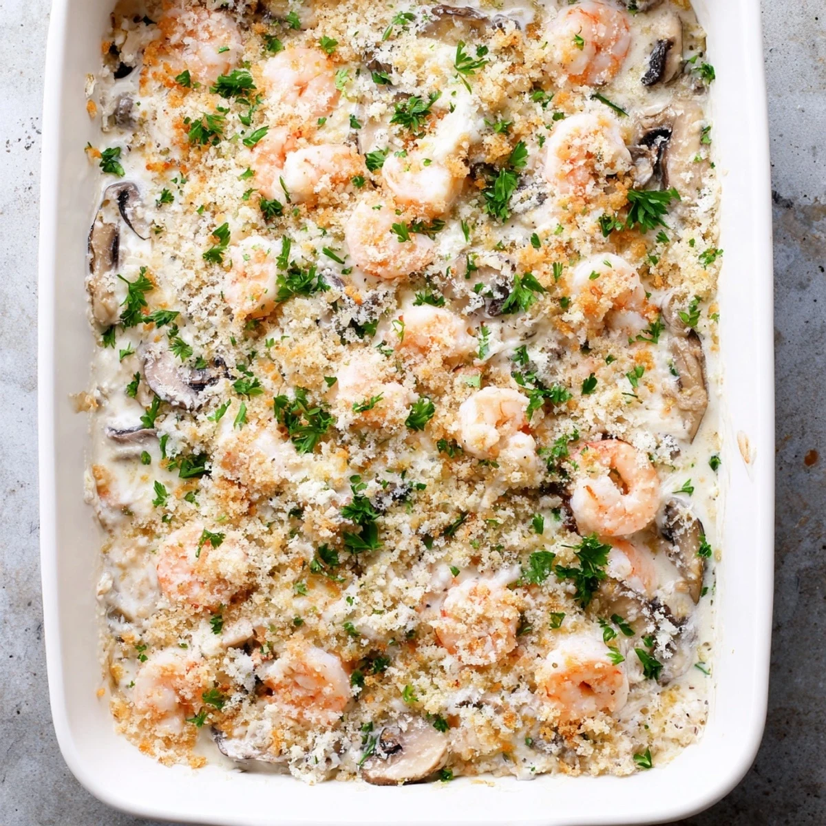 Golden baked shrimp mushroom casserole with creamy sauce and crispy panko topping bubbling in dish