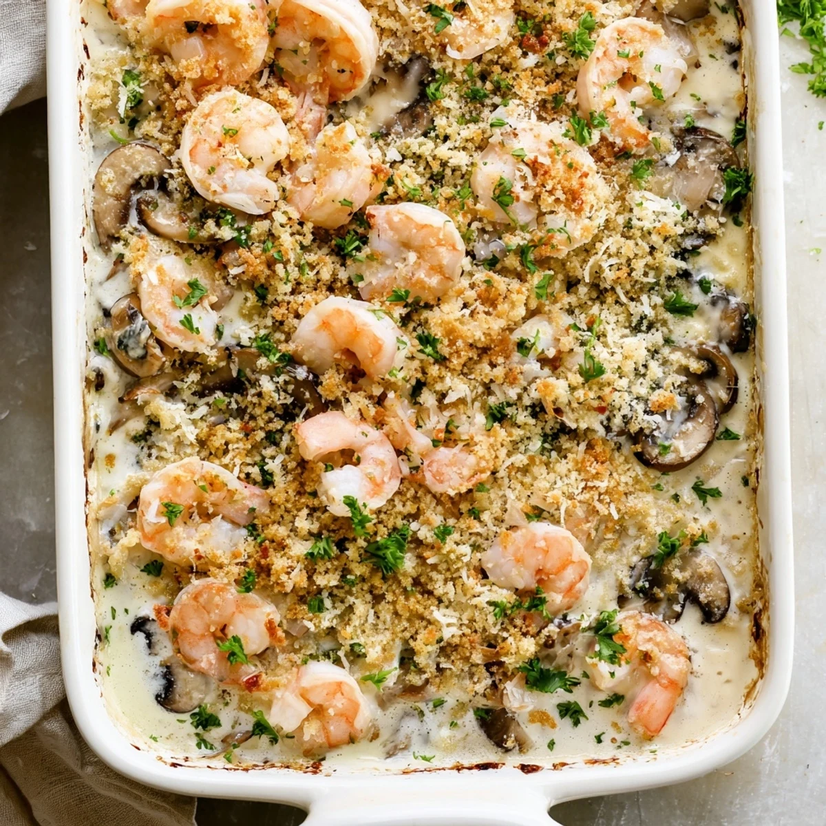 Creamy shrimp mushroom casserole featuring tender shrimp and sliced mushrooms under golden brown breadcrumb crust