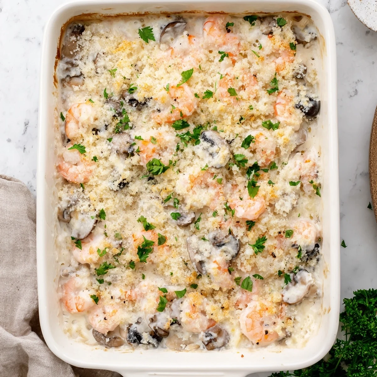 Baked shrimp mushroom casserole with mozzarella and parmesan in a rich sour cream sauce
