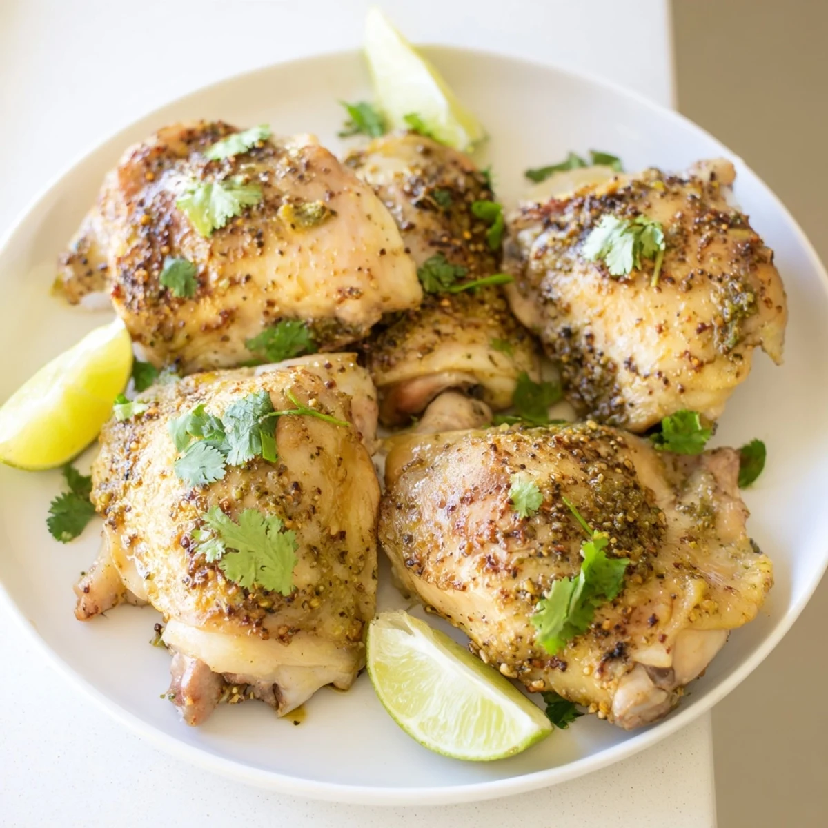 Golden brown Cuban Mojo Chicken Thighs roasted with crispy skin and fresh citrus herb marinade