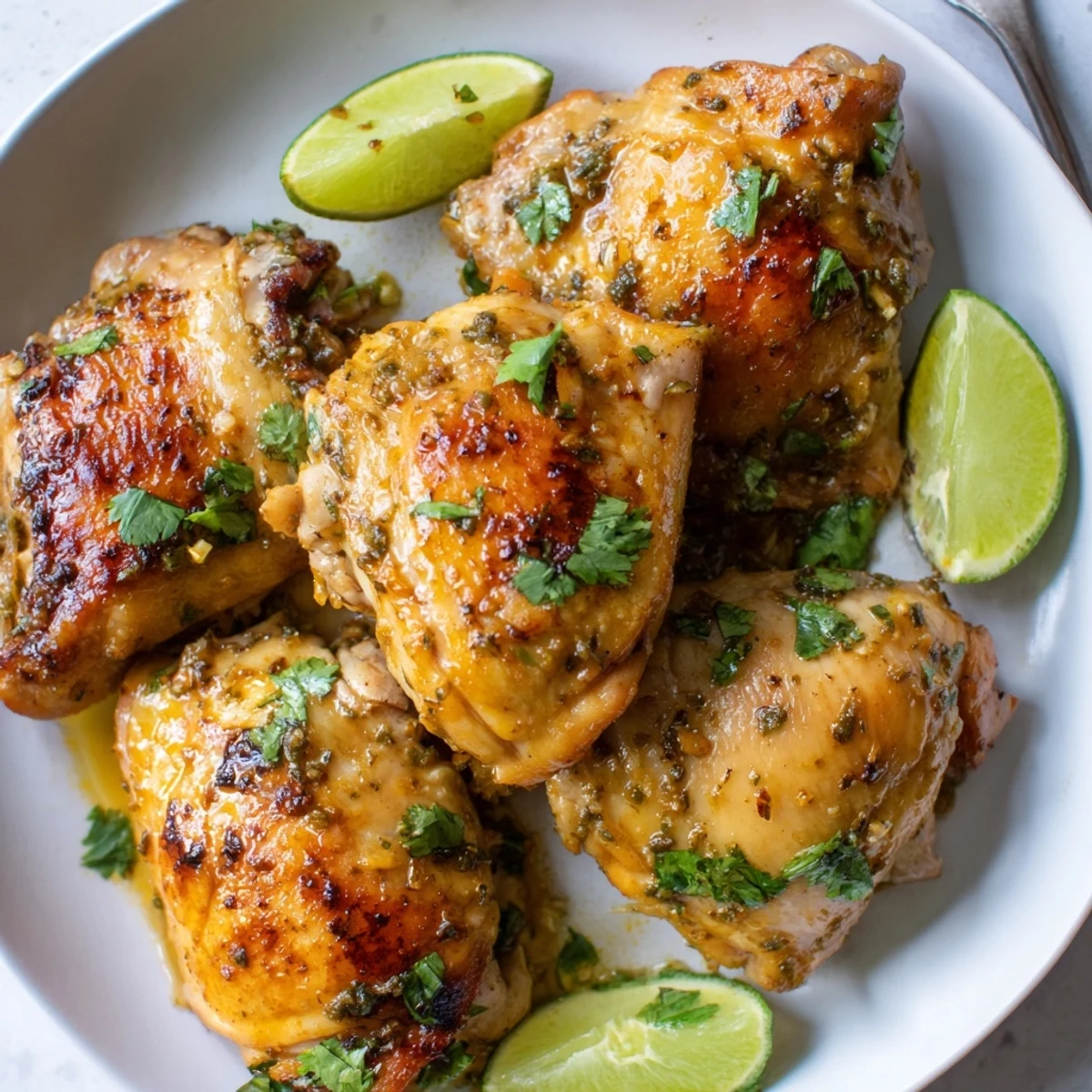 Juicy baked Cuban Mojo Chicken Thighs garnished with cilantro and lime wedges on a platter