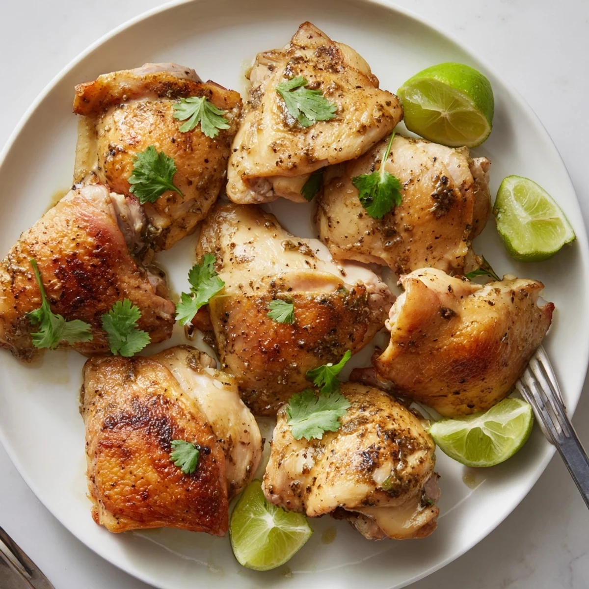 Crispy skin-on Cuban Mojo Chicken Thighs glazed with tangy orange lime garlic mojo sauce