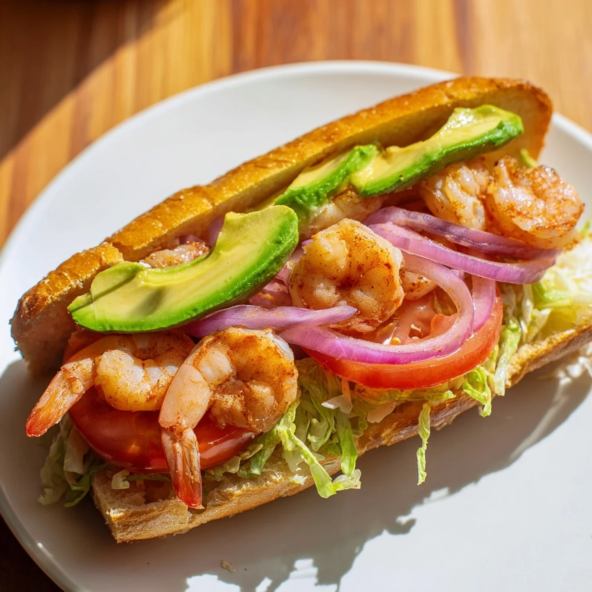 Delicious shrimp sandwich featuring juicy seasoned seafood topped with crisp vegetables and creamy mustard sauce