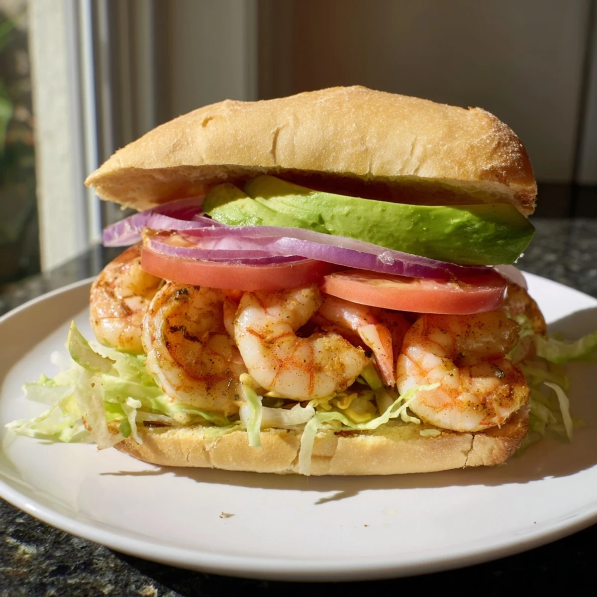 Tasty shrimp sandwich recipe with pink cooked shrimp, sliced red onion, and buttery toasted bun