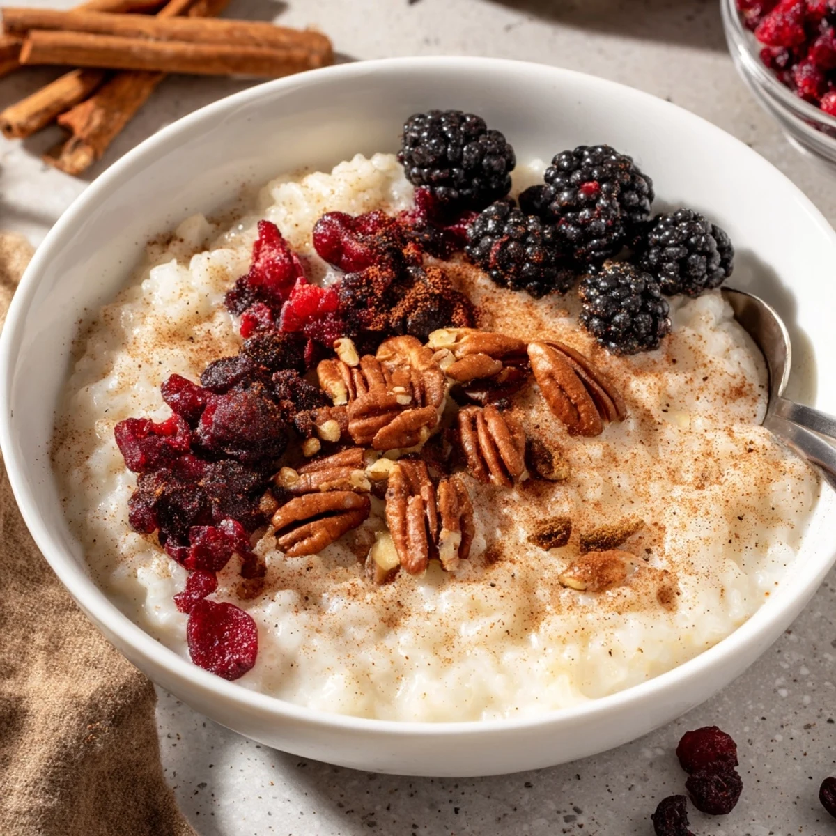 Creamy wild rice porridge bowl topped with fresh berries, crunchy pecans, and a drizzle of golden maple syrup